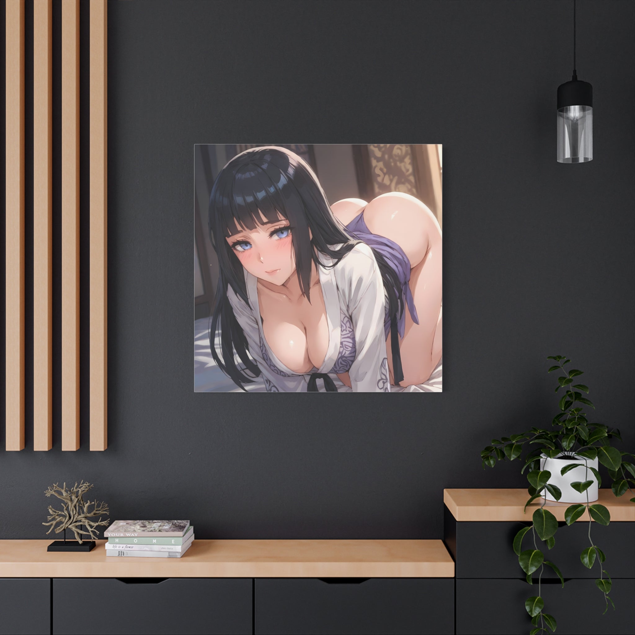 Seductive Ninja Waifu Canvas Art — Glossy Black-Haired Kunoichi in Yukata