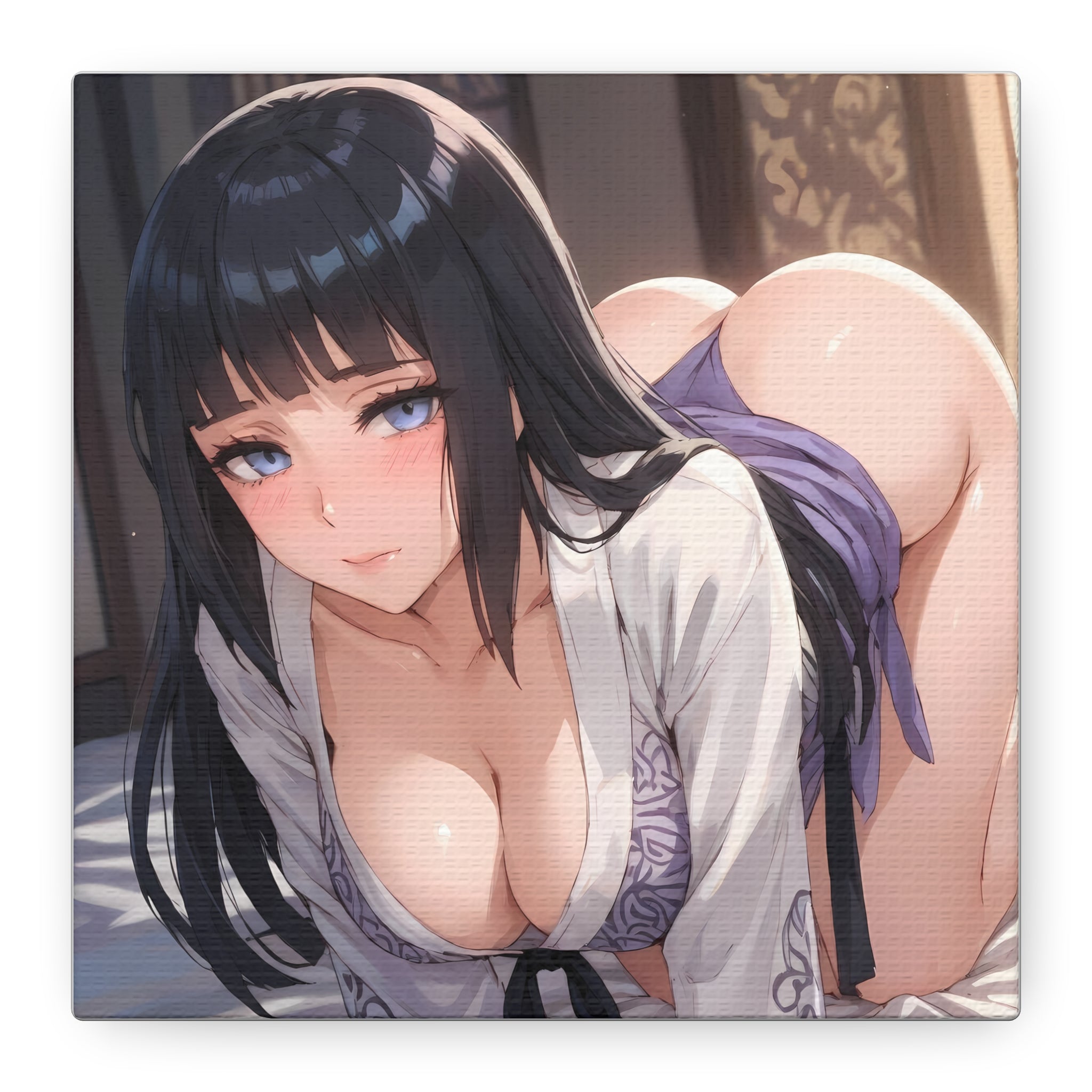 Seductive Ninja Waifu Canvas Art — Glossy Black-Haired Kunoichi in Yukata