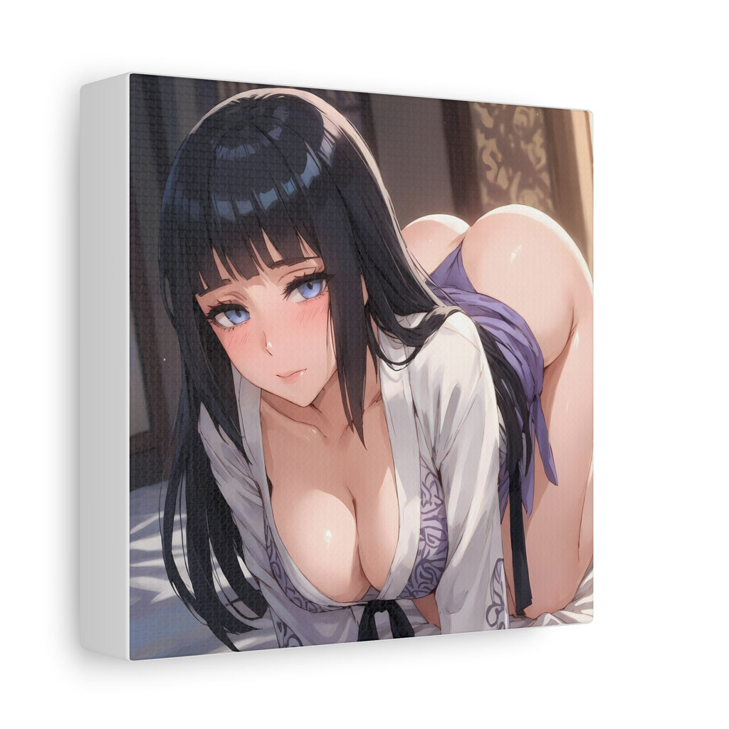 Seductive Ninja Waifu Canvas Art — Glossy Black-Haired Kunoichi in Yukata