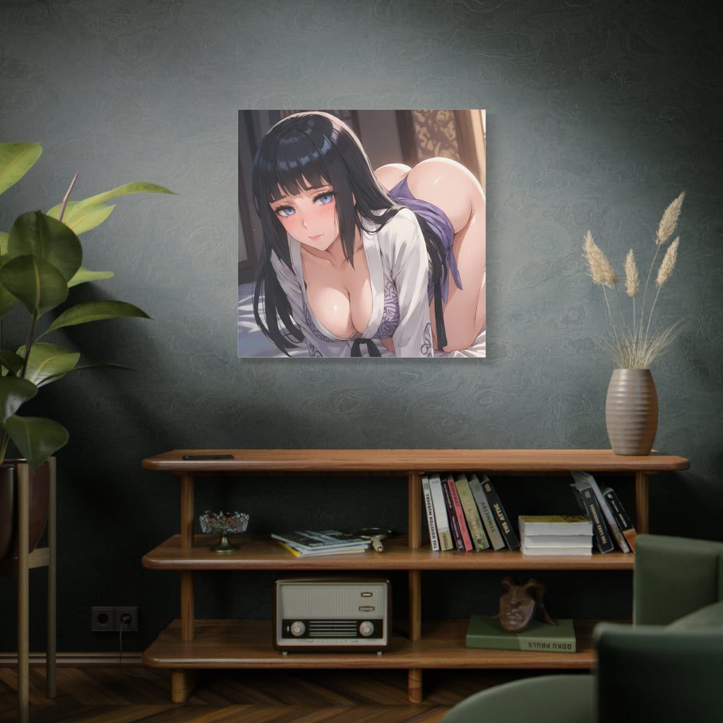 Seductive Ninja Waifu Canvas Art — Glossy Black-Haired Kunoichi in Yukata