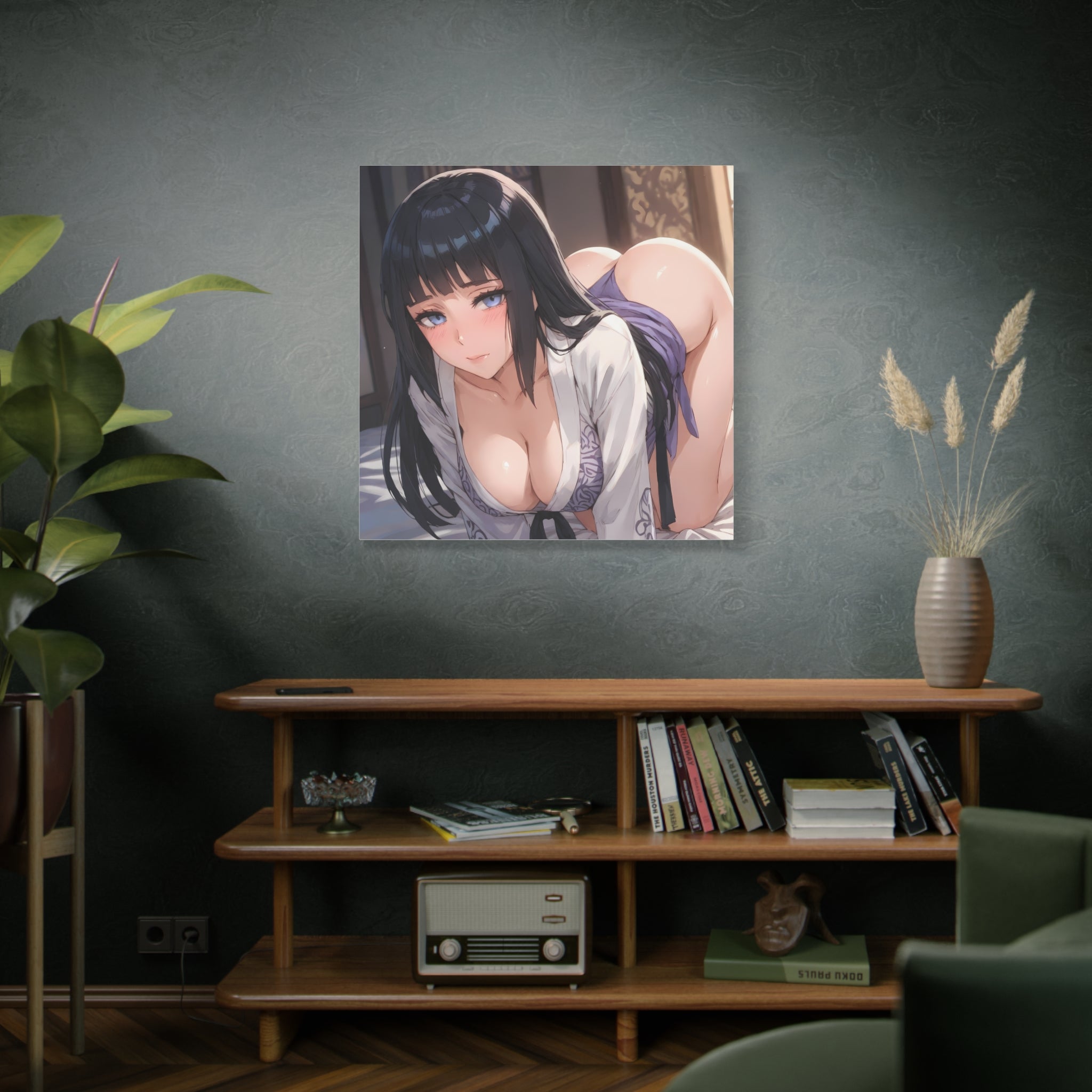 Seductive Ninja Waifu Canvas Art — Glossy Black-Haired Kunoichi in Yukata