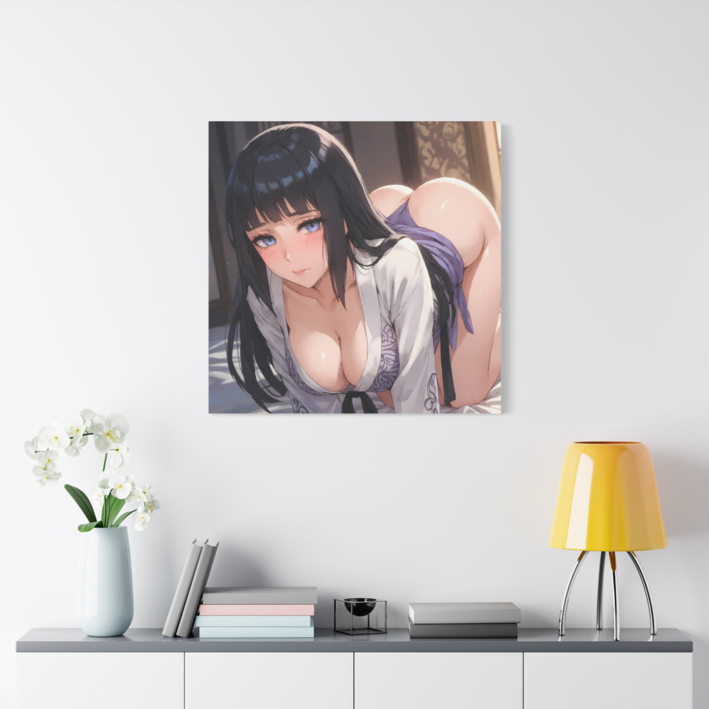 Seductive Ninja Waifu Canvas Art — Glossy Black-Haired Kunoichi in Yukata