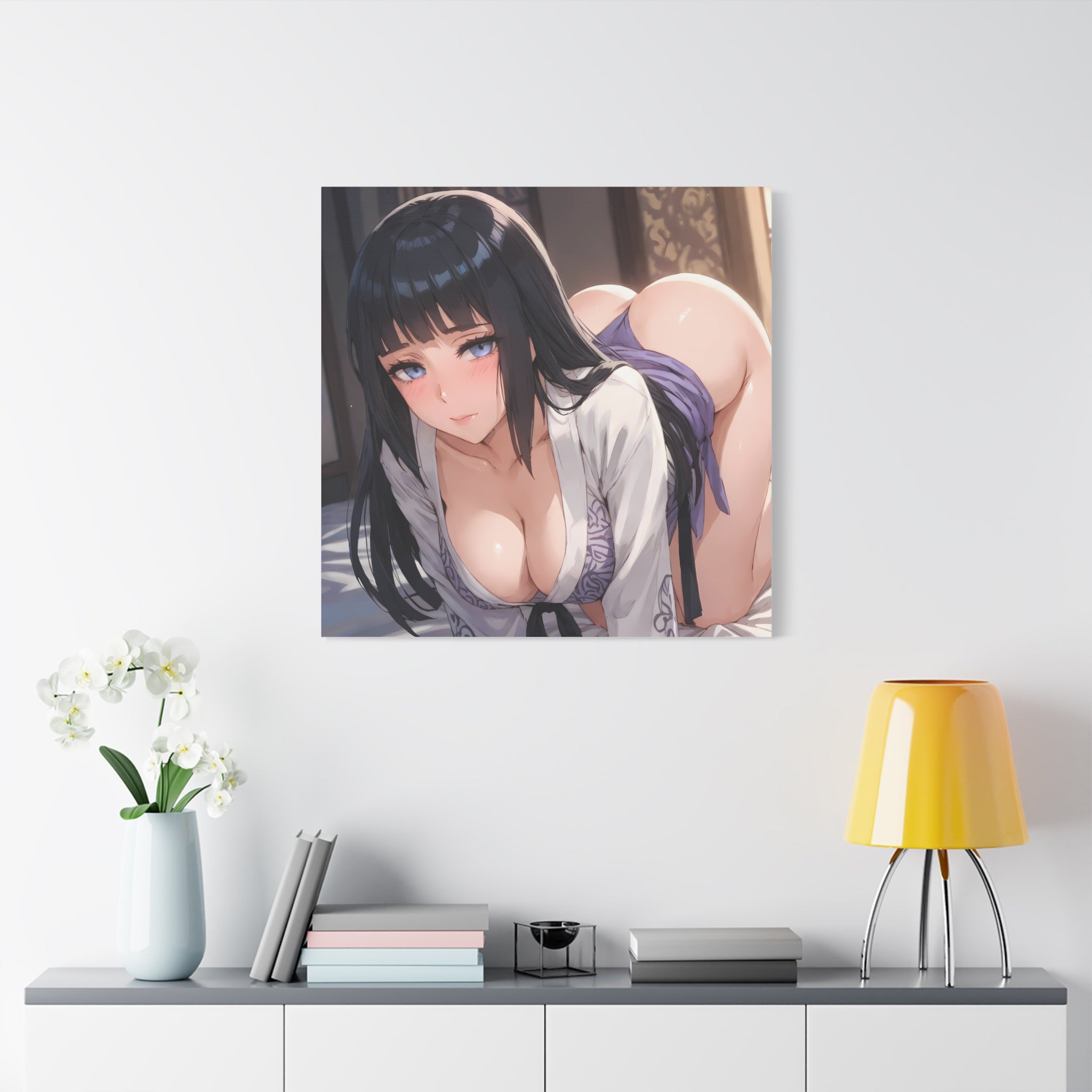 Seductive Ninja Waifu Canvas Art — Glossy Black-Haired Kunoichi in Yukata